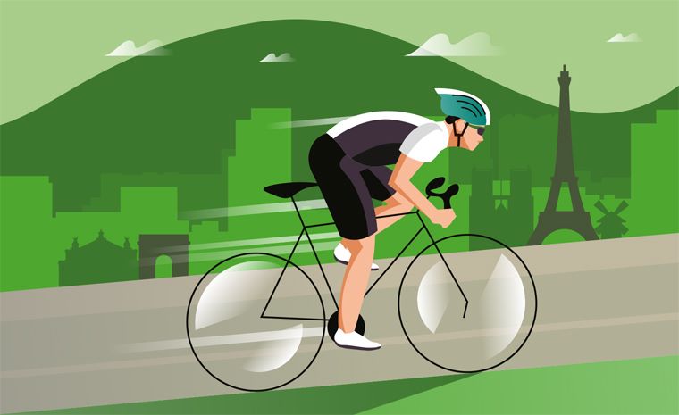 Ilustracija cestnega kolesarja s hribovitim zelenim ozadjem in silhueto Pariza v daljavi. Kolesar nosi čelado in športna oblačila ter je upognjen nad krmilom kolesa.