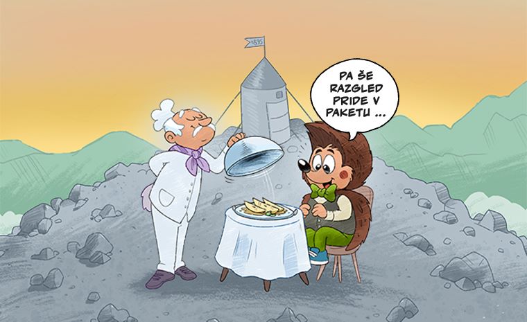 Ilustracija Ježka, ki na vrhu gore sedi za mizo, medtem ko mu kuhar postreže jed.