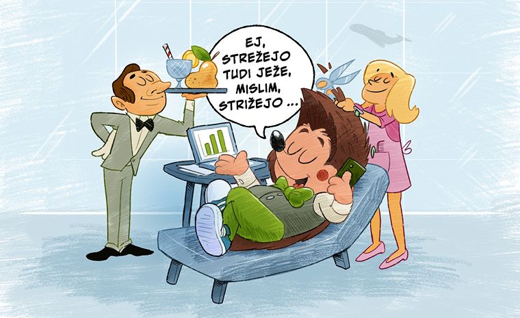 Ilustracija Ježka, ki se sprošča na ležalniku, medtem ko mu strežejo pijačo in strižejo.