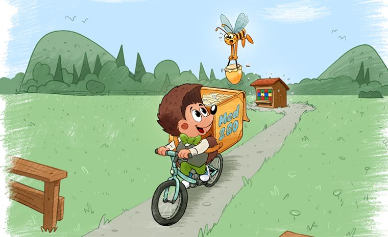 Ilustracija ježka, ki vozi kolo po travnati poti, na zadnjem delu kolesa je zaboj z medom, nad njim pa leti čebelica.