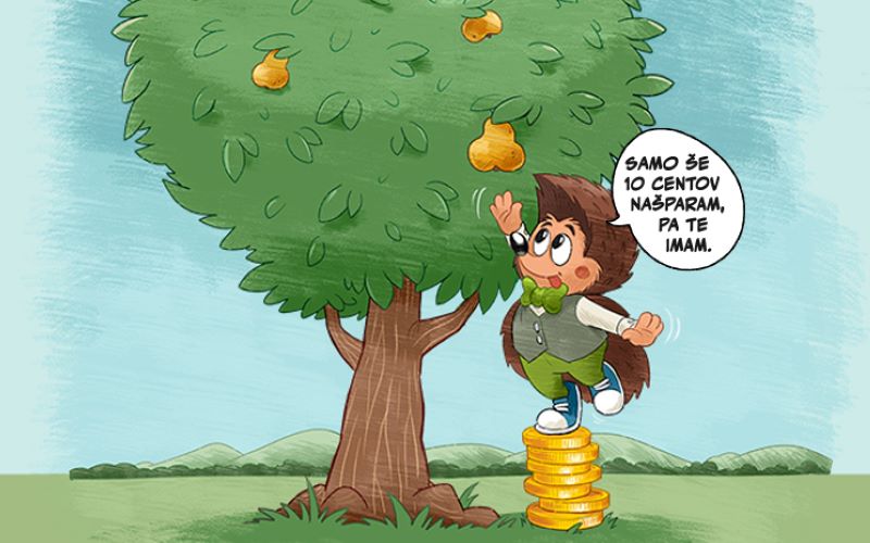 Ilustracija Ježka, ki stoji na kovancih in sega po sadežu na drevesu, ob njem pa govori.