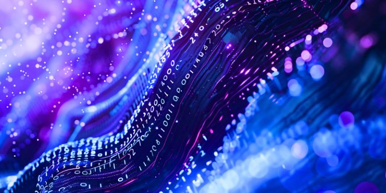 Abstraktna digitalna ilustracija z vijoličnimi in modrimi valovitimi linijami.