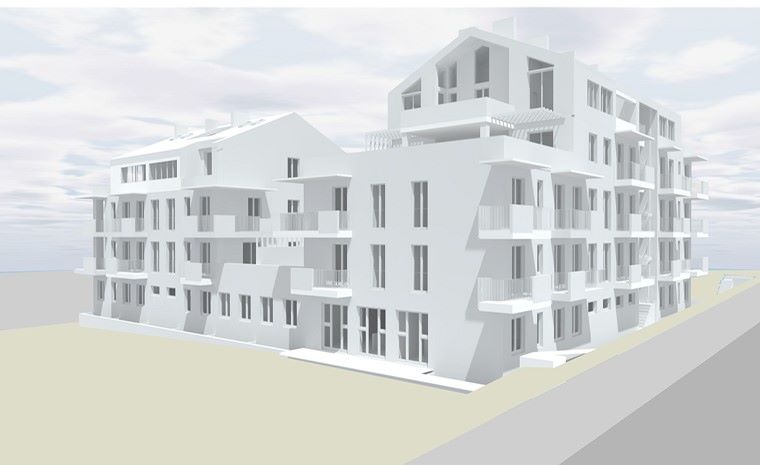 Prikaz stanovanjsko poslovnega objekta »G« Izola. Stavba je bele barve, ima več balkonov in velika okna.