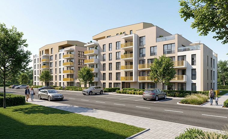 Stanovanjski projekt Soseska Novi vrtovi v Mariboru z več večnadstropnimi stanovanjskimi stavbami in parkiriščem z več avtomobili.