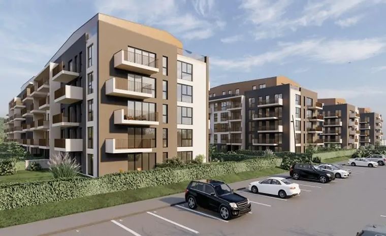 Stanovanjski projekt Soseska Novi vrtovi v Mariboru z več večnadstropnimi stanovanjskimi stavbami in parkiriščem z več avtomobili.