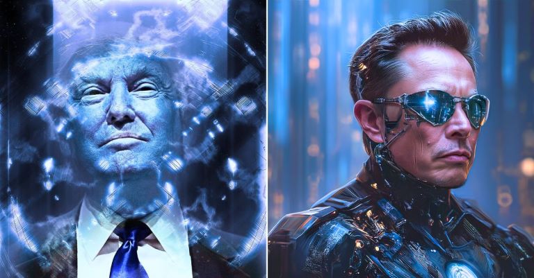 Levo Donald Trump v obleki z digitalnimi učinki, desno Elon Musk v futurističnem oklepu.